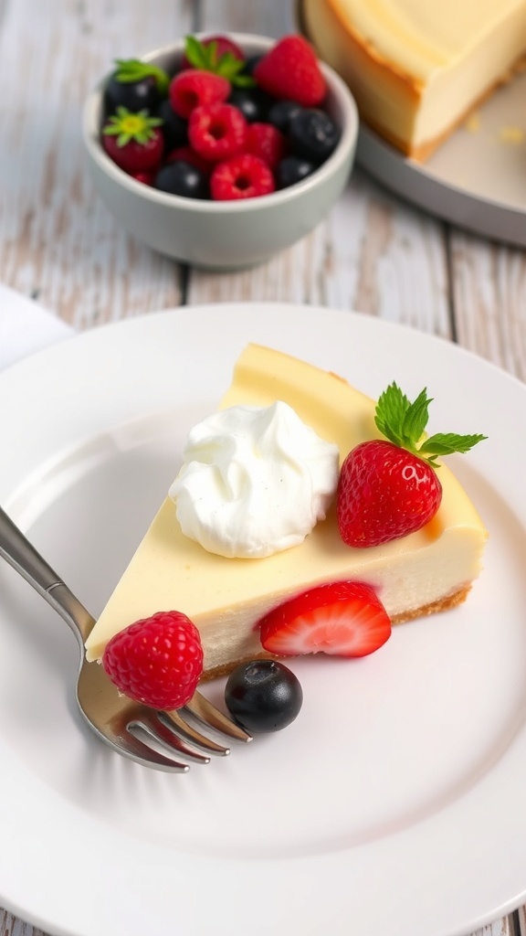 Crustless 6-Inch Cheesecake Recipe Slice of crustless cheesecake garnished with berries and whipped cream on a plate.